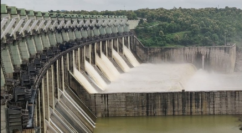 Water released by opening six gates of Indira Sagar Dam