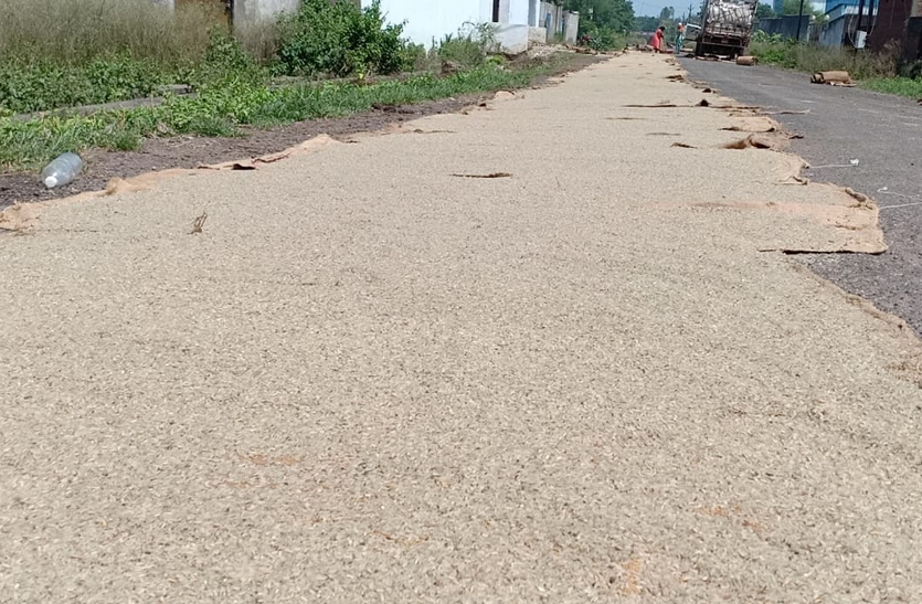 Rotten rice dries on the road in Lamtara Industrial Area.