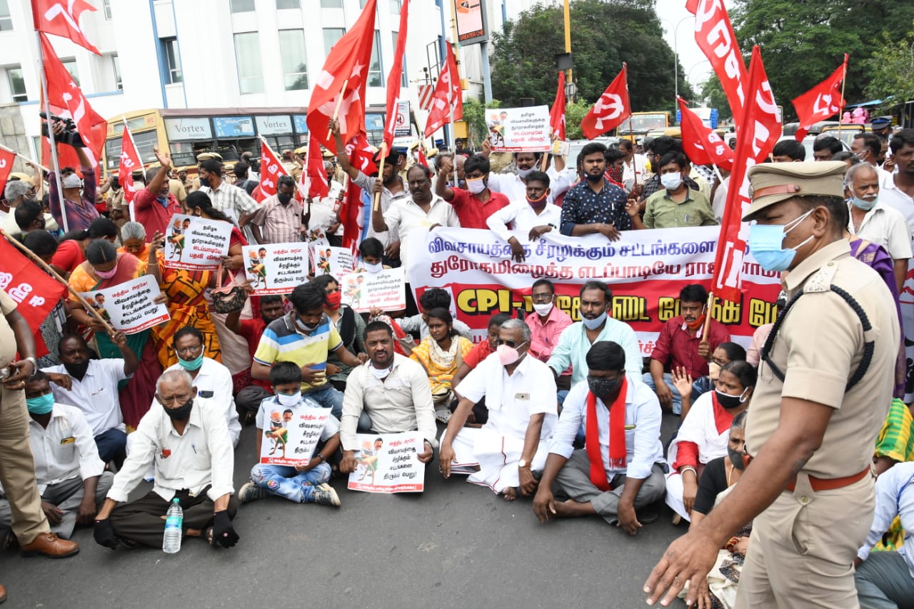 CPM workers protest in Chennai against the Farm Bill