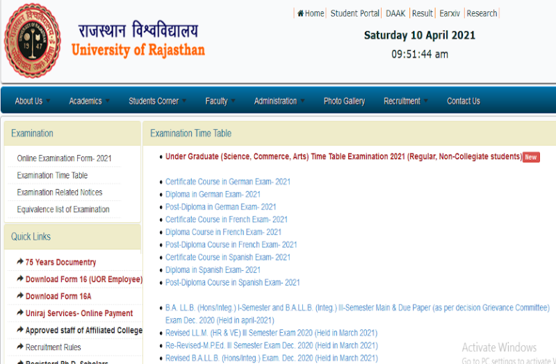 Uniraj Time table 2021
