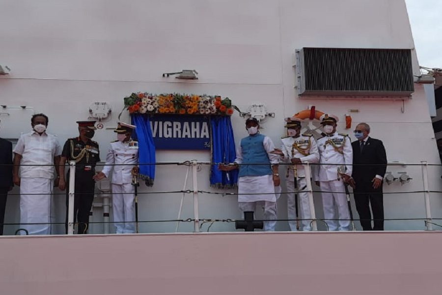 Rajnath Singh commissions Indian Coast Guard Ship Vigraha in Chennai Harbour