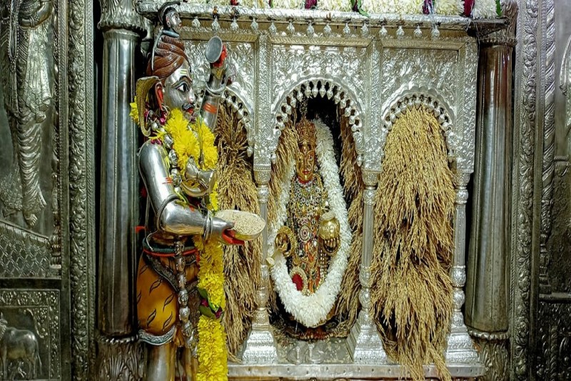 धान की बालियों से सजा अन्नपूर्णा दरबार