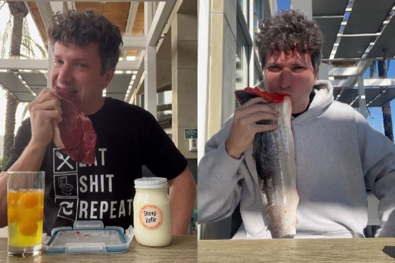 A person is eating Raw meat for months to check results from bacteria