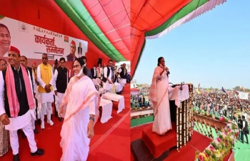 वाराणसी के ऐढे में सपा गठबंधन की सभा में पश्चिम बंगाल की मुख्यमंत्री ममता बनर्जी