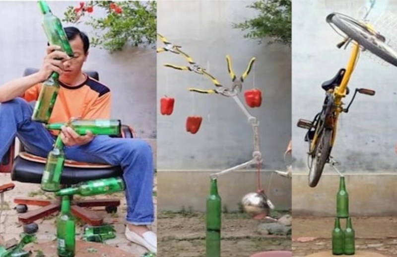 man balances weird objects