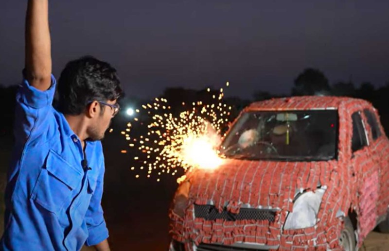 firecrackers on his car