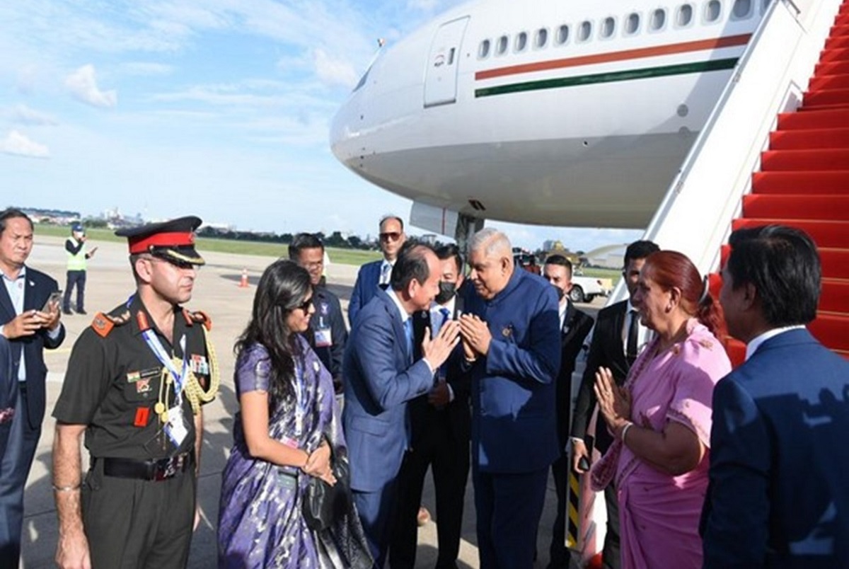 Vice President Jagdeep Dhankhar and his wife Sudesh Dhankhar arrive in Cambodia