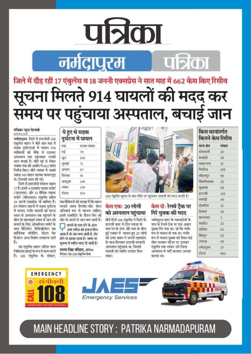 एंबुलेंस 108 ने की 914 घायलों की मदद, पहुंचाया अस्पताल बचाई जान