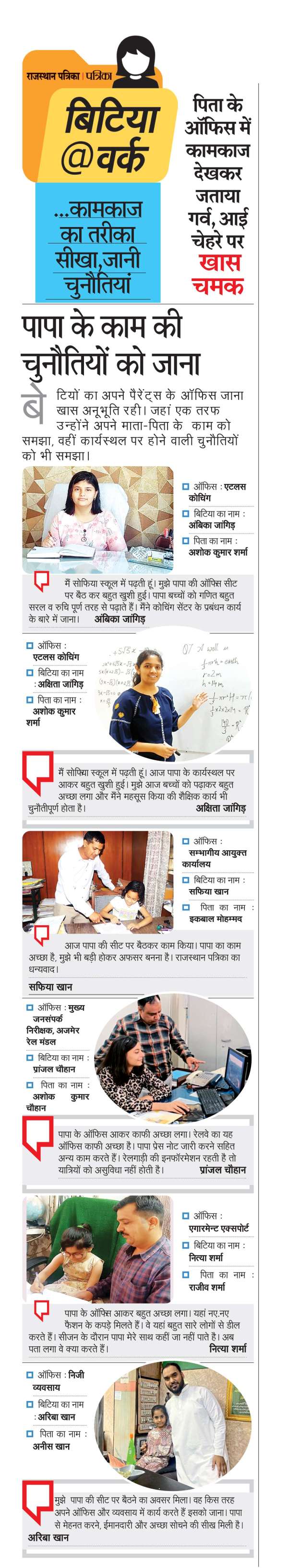 अजमेर. बेटियों ने पापा व मम्मी के दफ्तर में जाकर सीखा काम।