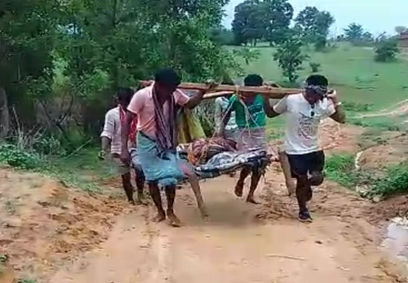 Video: विधायक आदर्श ग्राम में एंबुलेंस के लिए भी सडक़ नहीं, जहरीले कीड़े के काटने से गंभीर गर्भवती महिला को 2 किमी ढोना पड़ा खाट पर