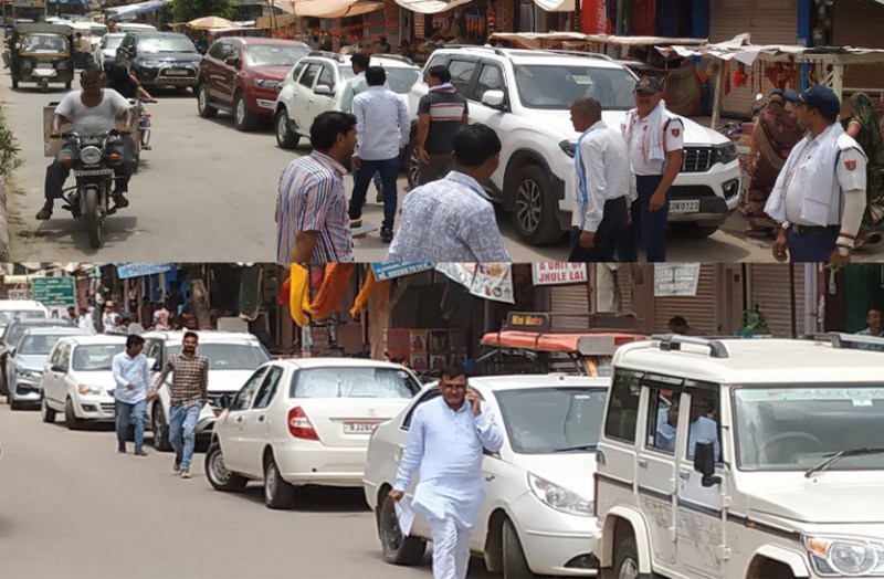 दुकानों के सामने बाजार में खड़े हो रहे है नेताओं के वाहन, त्यौहारी सीजन में व्यापार हो रहा बाधित