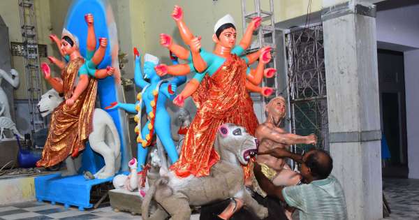 Artisan preparing the idol of Durga Maa in Durgabari from tomorrow during Navratri.