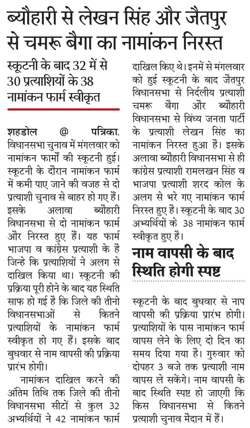 प्रत्याशियों के नामांकनो की हुर्ई स्कूटनी, ब्यौहारी से लेखन सिंह और जैतपुर से चमरू बैगा का फार्म निरस्त