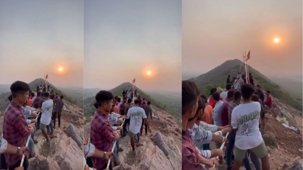 श्री राम सेना ने 500 फीट ऊंचे पहाड़ पर फहराया 110 फीट ऊंचा झंडा, देखें वीडियो