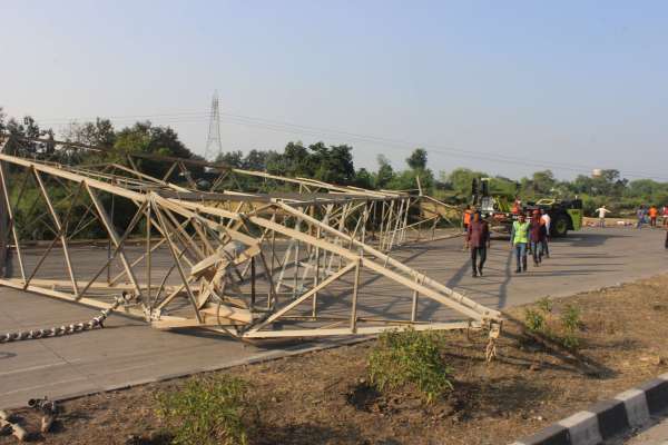 Tower falls on trailer