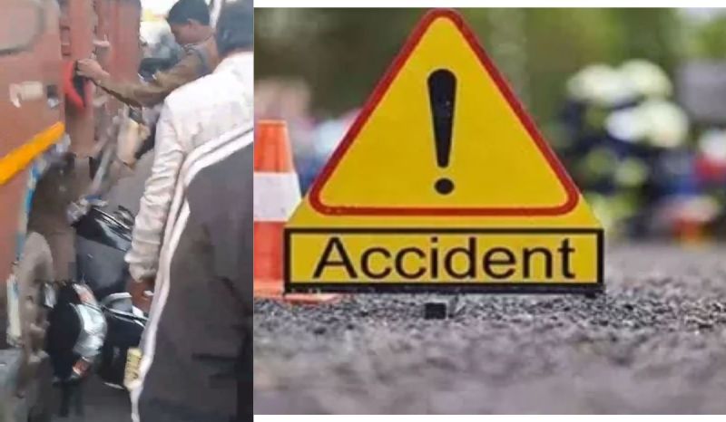 Scooty riding girl stuck between truck and bus