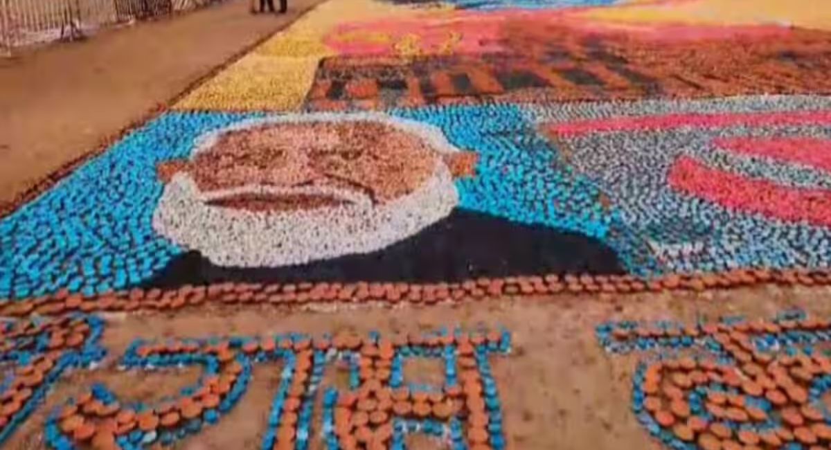 Ram temple made by 14 lakh lamps with picture of pm modi and cm yogi