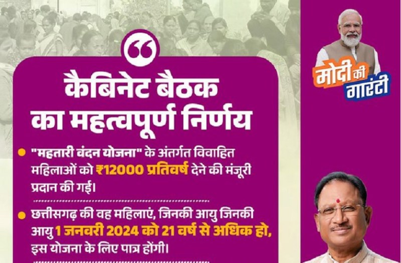 'मोदी की गारंटी' महतारी वंदन योजना पर साय कैबिनेट ने लगाई मुहर