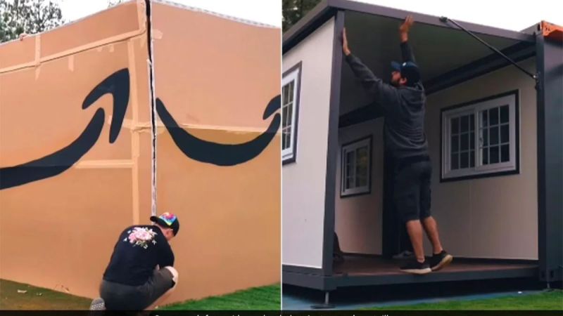 Amazon से ऑर्डर किए गए घर को खोलता शख्स