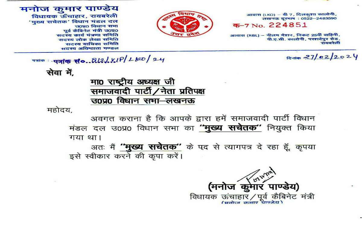  SP MLA Manoj Pandey resigns 