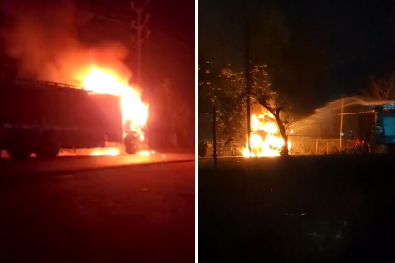 fire in truck on highway