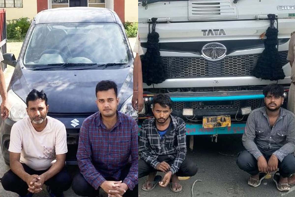 अवैध बजरी से भरा ट्रैलर जब्त, चोरी की कार बरामद, चार आरोपी गिरफ्तार