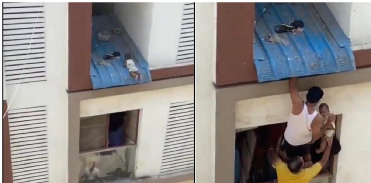 VIDEO: पहले मंजिल पर बैरियर पार कर लटके बच्चे को बचाने देवदूत बन आए पड़ोसी