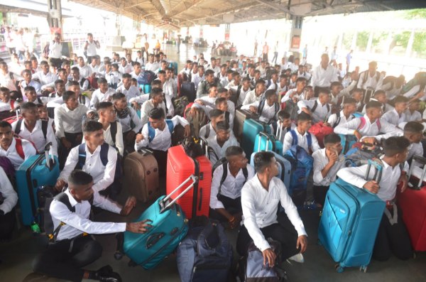 In the presence of army officers, the firefighters were sent for training.