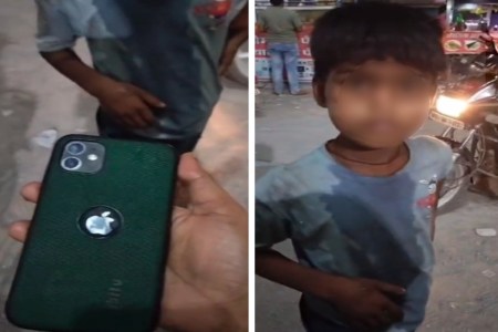 begging child has Iphone