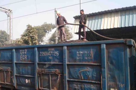 Smoke rising from goods train compartment