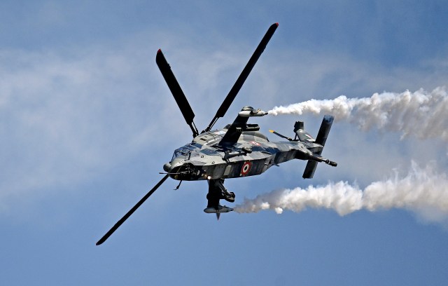 Light Combat Helicopter (LCH) 'Prachand' during an air show on the last day of Aero India 2023, at Yelahanka Airbase, in Bengaluru on Friday. 