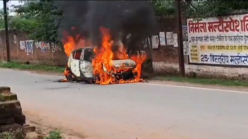The burning car