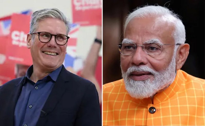 Indian PM Narendra Modi talks to new British PM Keir Starmer