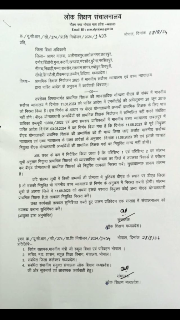 जबलपुर संभाग के 3 जिले सहित 25 जिलों के शिक्षकों की नौकरी खतरें मेंः डीपीआई ने जारी किया आदेश 2 dpi latter