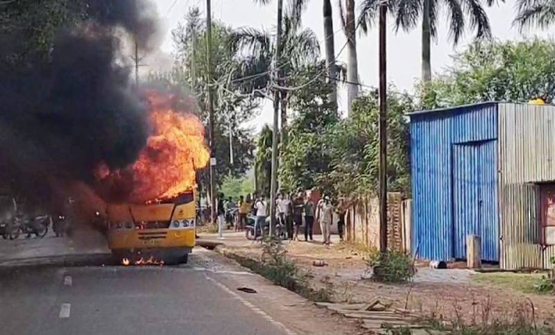 school bus caught fire