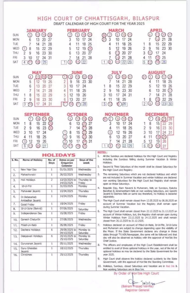 Cg High Court Calendar 2025 Pdf 