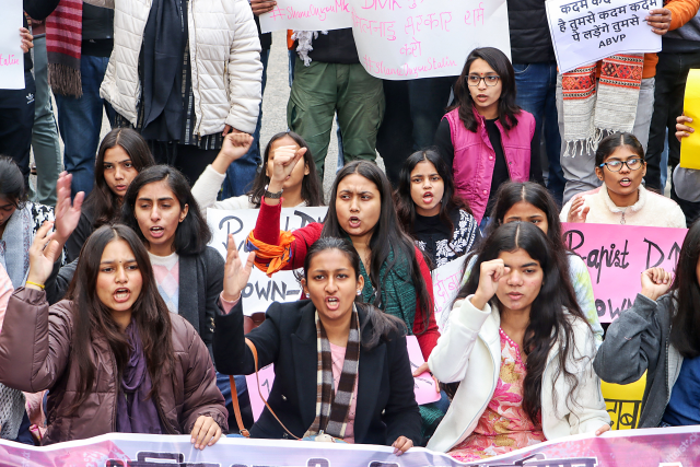 ABVP workers protest against the alleged sexual harassment incident at Anna University