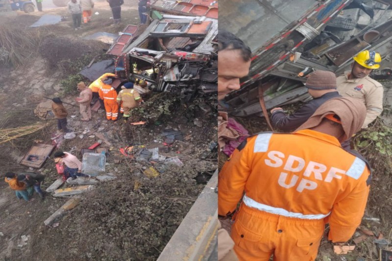 घने कोहरे के चलते ट्रक पुल से नीचे गिरा, चालक केबिन में फंसा