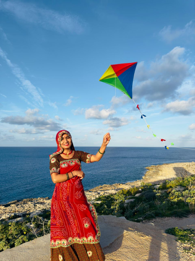 Social media influencer Dholi Meena flying a kite in the presence of NRIs in Malta, Europe on Makar Sankranti.