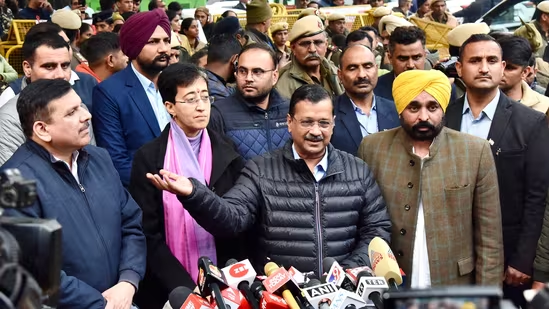 AAP national convener Arvind Kejriwal, Delhi CM Atishi, Punjab CM and Sanjay Singh