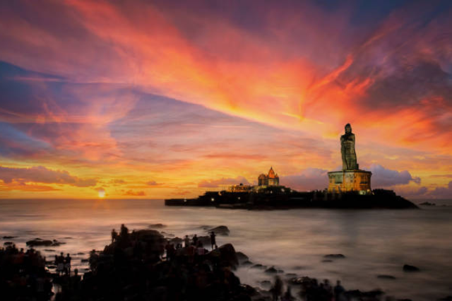 Sunrise famous Vivekananda Rock Memorial and Thiruvalluvar Statue located in Kanyakumari India