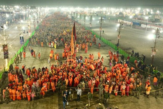 Ascetics from an Akhada proceeding towards the Sangam