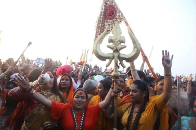  Kinnar Akhada saint with a trident at the Amrit Snan