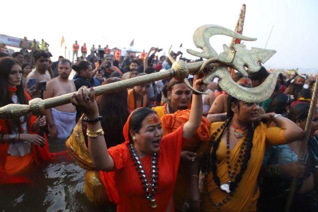 Kinnar Akhada saint waving a trident