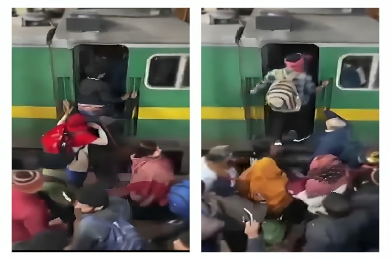 वाराणसी में भारी भीड़ के कारण ट्रेन के इंजन पर चढ़े यात्री