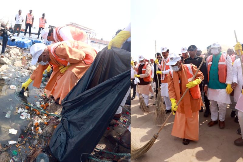 संगम किनारे झाड़ू लेकर उतरे सीएम योगी,