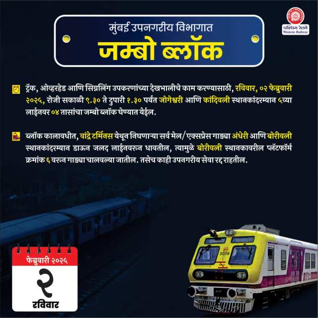 Mumbai local jumbo block on Sunday