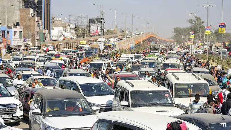 Vehicles stuck in jam during Maha Kumbh Mela 2025 in Prayagraj