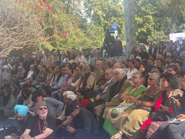 Dignitaries present during the discussion at JLF on Gaza conflict and global perspective.