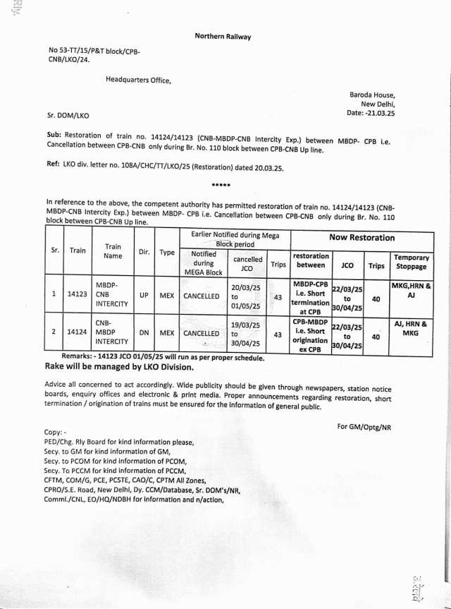 उत्तर रेलवे से जारी पत्र